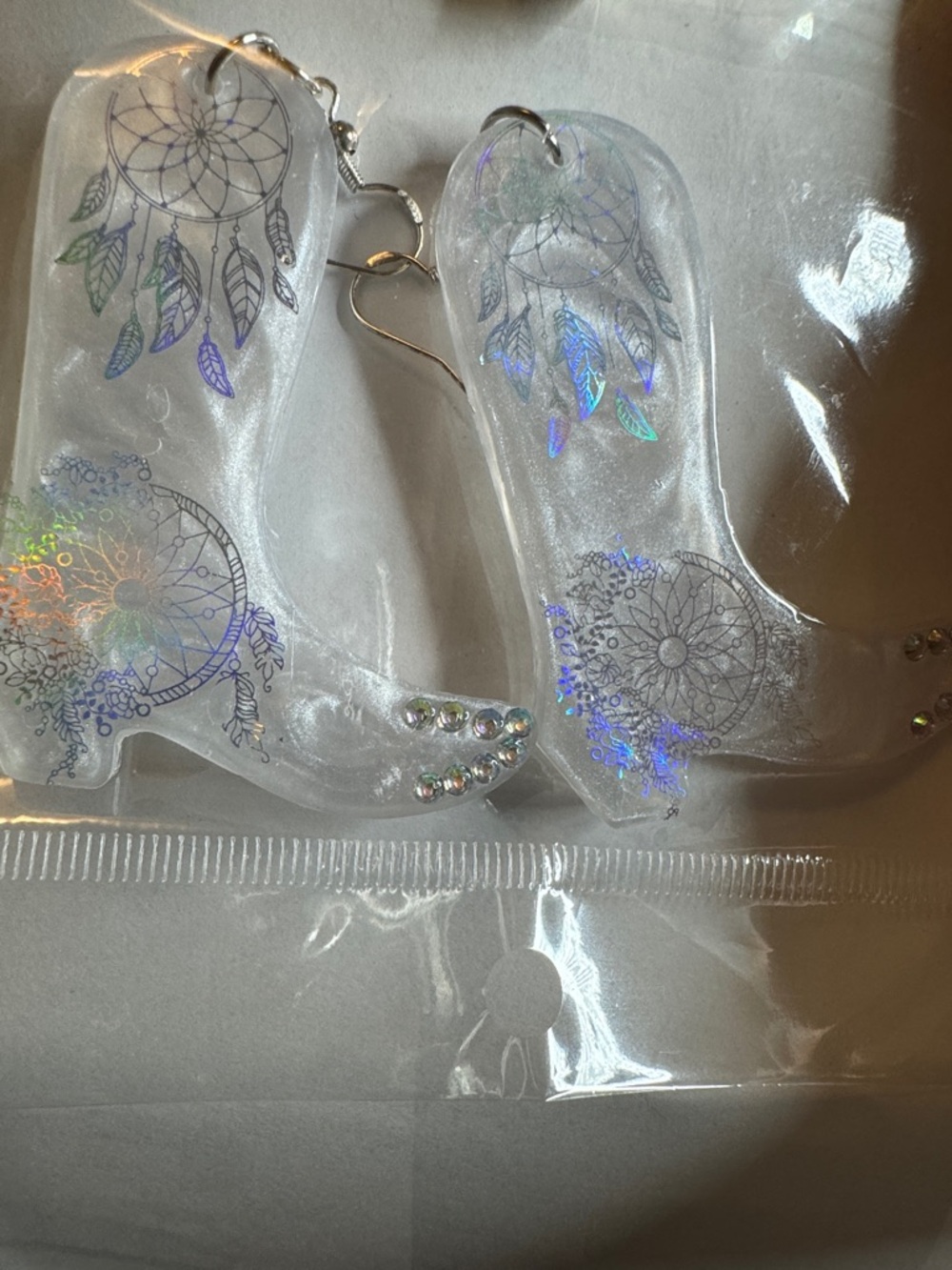 Clear Dreamcatcher Cowboy Boot Earrings with Iridescent Accents